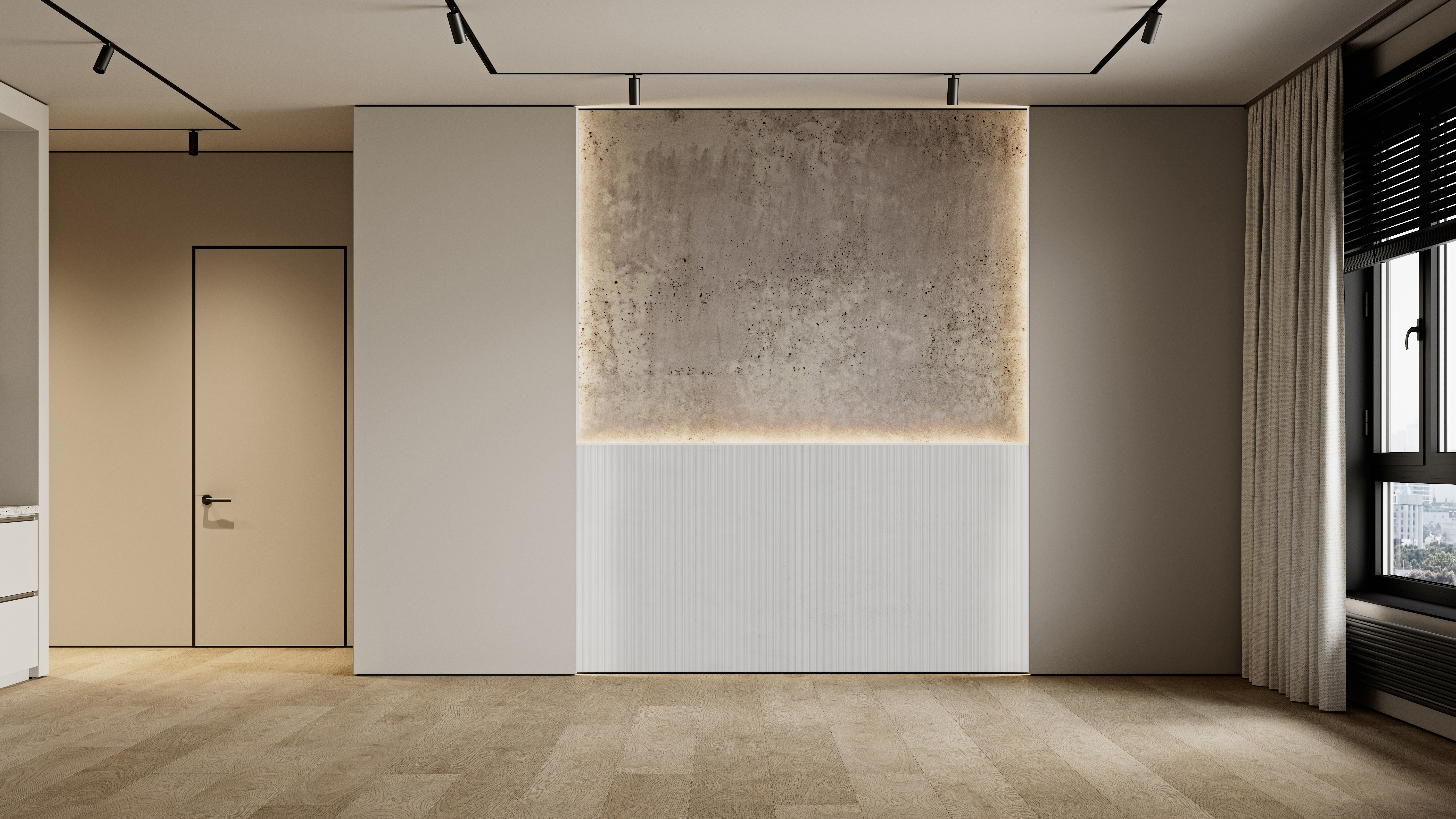 Perfil para LED Atrim instalado en pared decorativa, ideal para crear iluminación indirecta y una terminación moderna en interiores